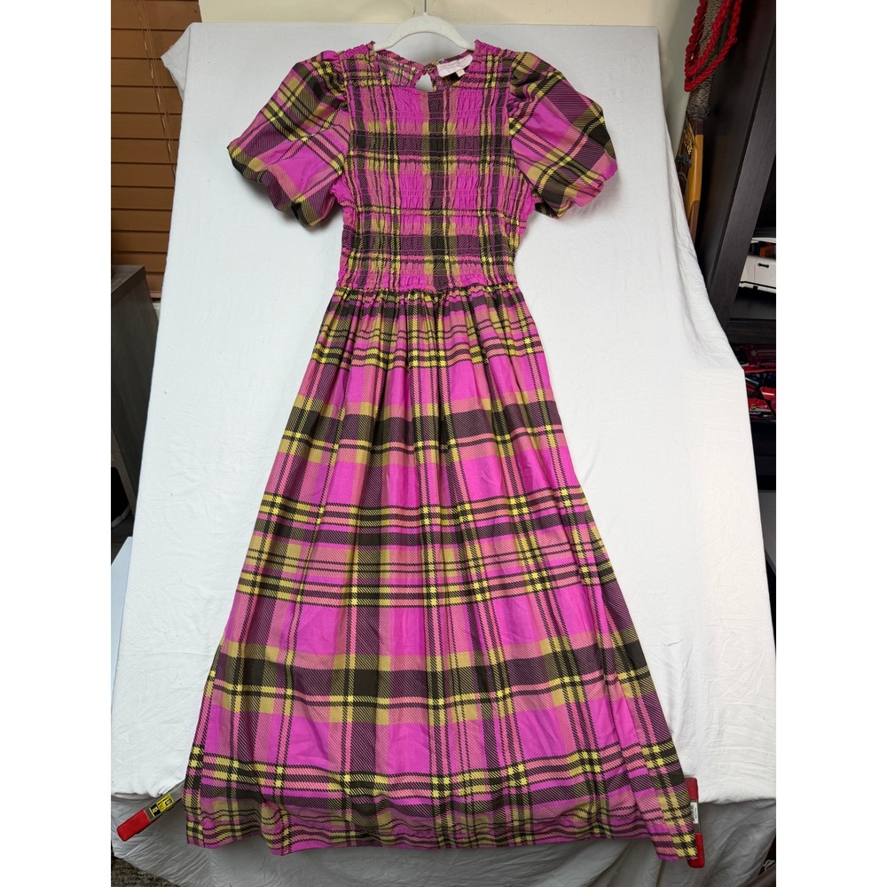 Us Together Pink Yellow Plaid Smocked Maxi Dress Puff Sleeve M